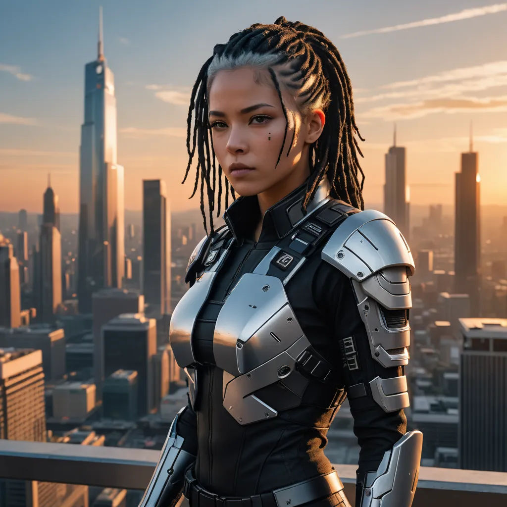 a woman in a futuristic suit standing in front of a city skyline with skyscrapers in the background and a sunset, afrofuturism, cyberpunk art, Dai Jin, cyberpunk style