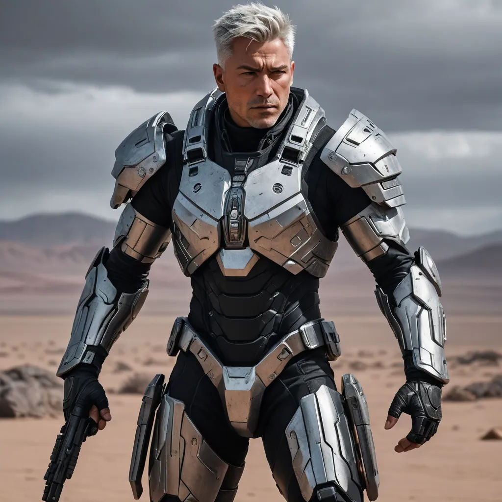 a man in a futuristic suit standing in the desert with a gun in his hand and a helmet on, antipodeans, computer graphics, Daryush Shokof, unreal engine highly rendered