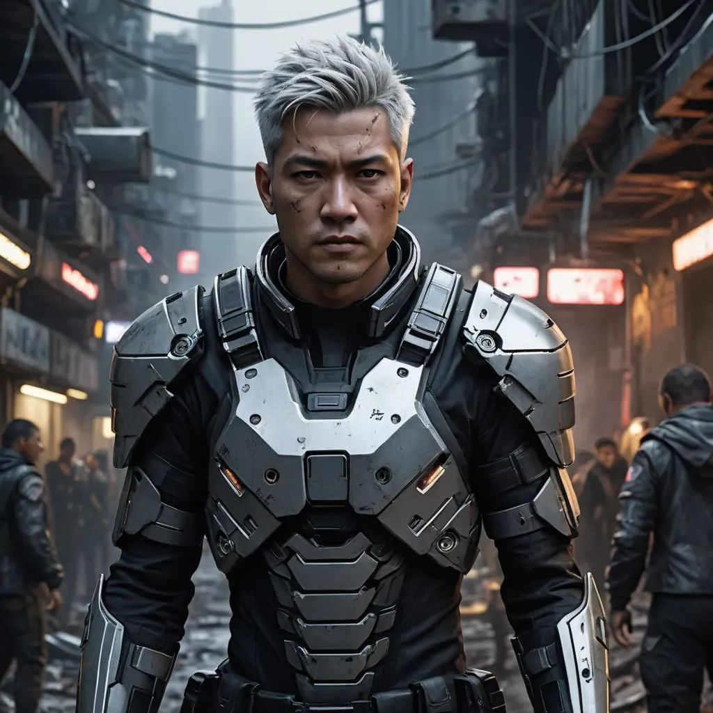 a man in a futuristic suit walking down a street in a city with people walking around him and a man in a suit, antipodeans, a character portrait, Dai Jin, unreal engine highly rendered