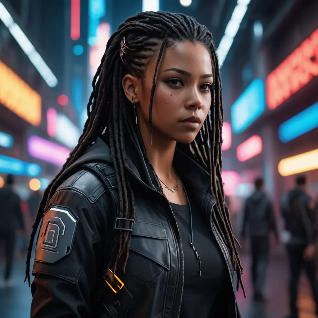 a woman with dreadlocks standing in a city at night with neon signs in the background and a neon light, photorealism, cyberpunk art, Cedric Seaut (Keos Masons), cyberpunk style