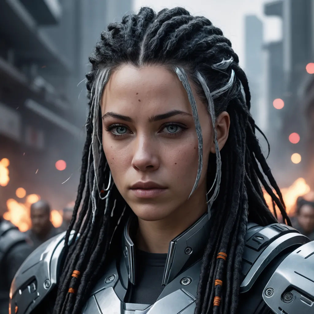 a woman with dreadlocks and a sci - fil suit on in a city street with a lot of people, afrofuturism, a character portrait, Aleksi Briclot, unreal 5