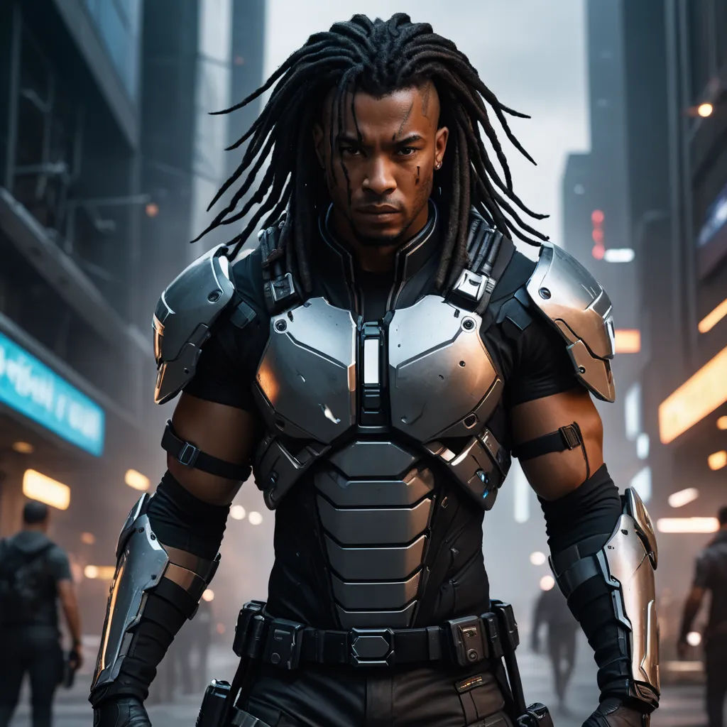 a man in a futuristic suit with dreadlocks and a gun in a city street at night with people walking by, afrofuturism, a character portrait, Cedric Seaut (Keos Masons), unreal 5