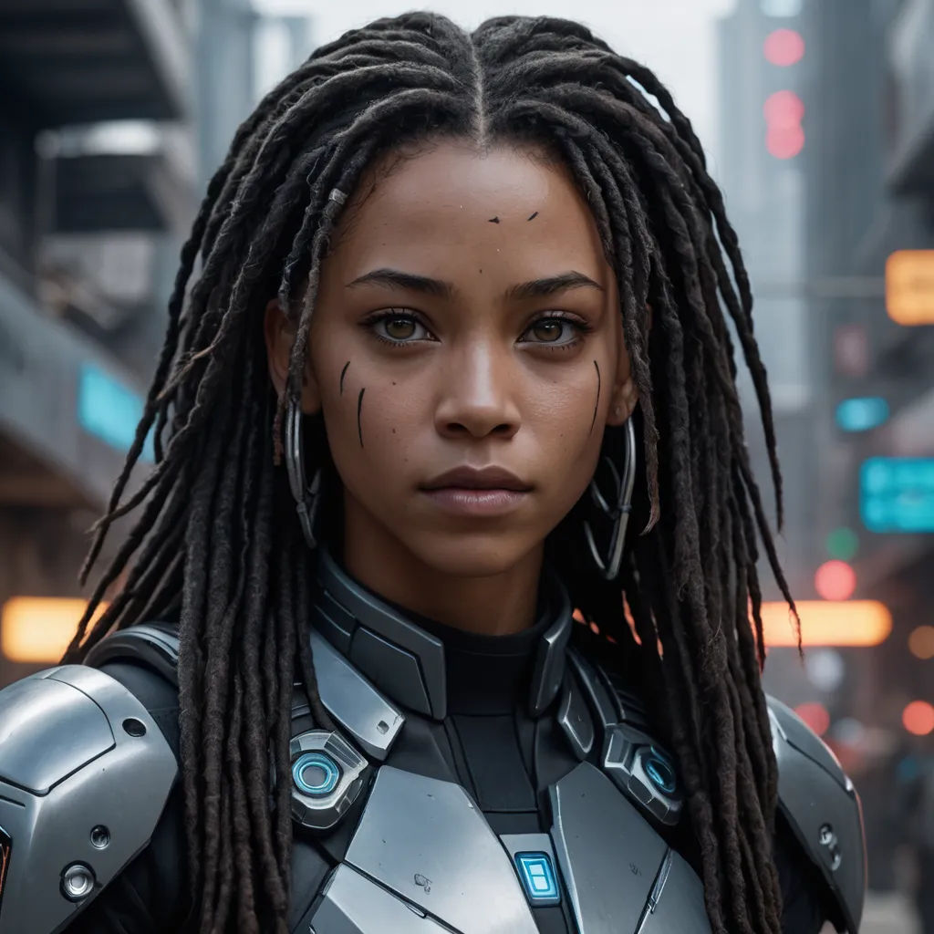 a woman with dreadlocks and a suit on in a city street with a neon sign in the background, afrofuturism, cyberpunk art, Daphne Allen, biopunk