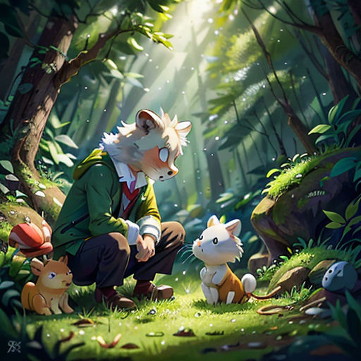 a man kneeling down next to a forest filled with animals and plants, with a forest background and sunlight shining through the trees