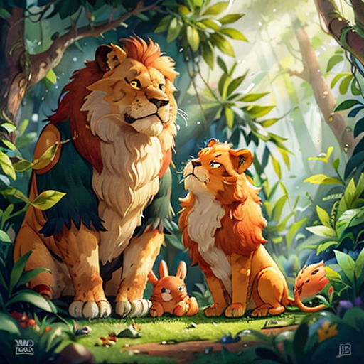a lion and two cubs in the jungle with trees and foliage behind them, with a background of foliage and trees