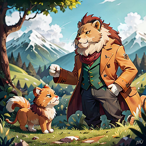 a man in a coat and a dog in a forest with mountains in the background and a sky with clouds