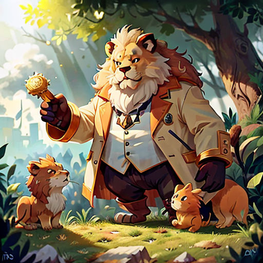 a cartoon character holding a bottle of beer in a forest with other animals around him and a lion holding a golden object