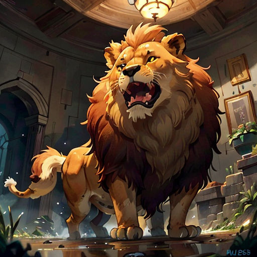 a lion standing in a room with a light on it's head and mouth open and mouth wide open