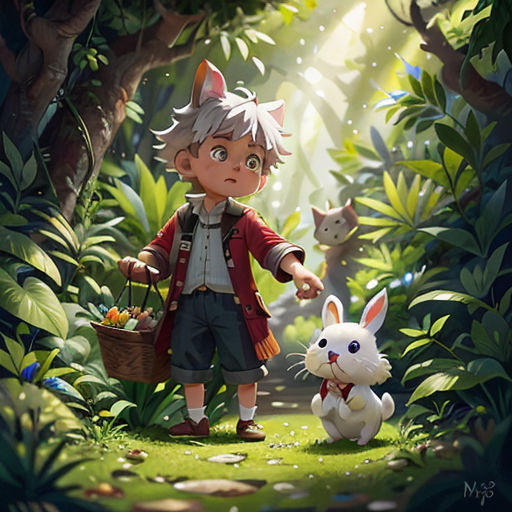 a boy holding a basket of eggs next to a rabbit in a forest with trees and plants on either side