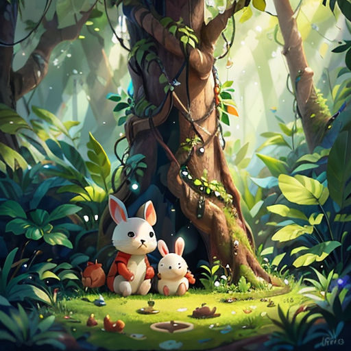 a couple of animals sitting in the middle of a forest next to a tree with leaves on it and a bird