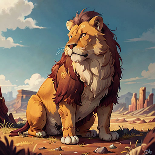 a lion sitting on a rock in the desert with a sky background and clouds above it, with a mountain in the background