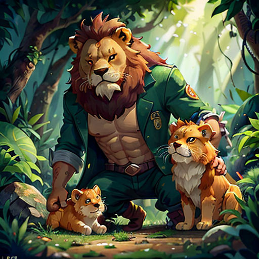a man in a green jacket with two animals in the forest by a tree and a forest background with a lion