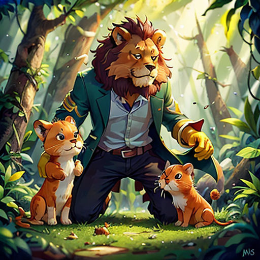 a lion and two cubs in the woods with a man in a suit and tie holding a knife and a knife