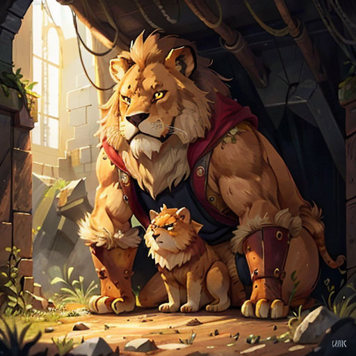 a lion and a cat standing in a cave with a stone wall behind them and a stone archway behind them