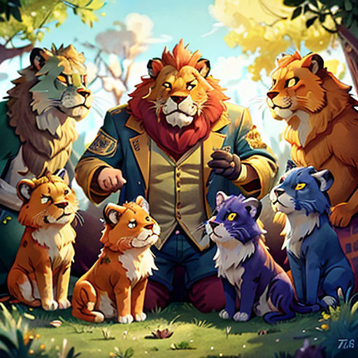 a man surrounded by many different animals in a forest with trees and grass, with a sky background, and a forest scene with trees and leaves
