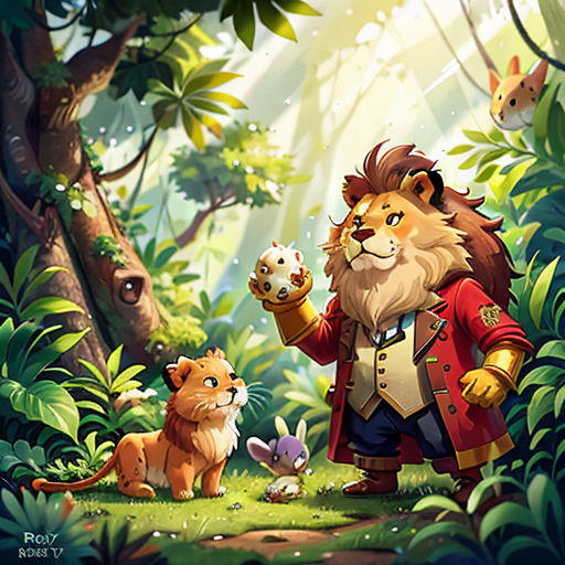 a lion and a lion cub in a jungle with a mouse and a mouse in its hand, and a mouse in its hand
