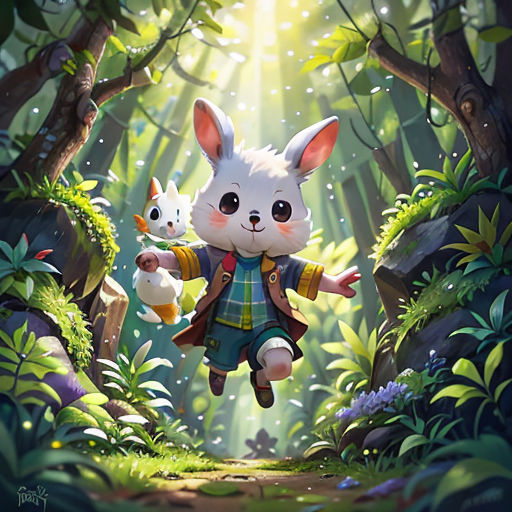 a painting of a rabbit and a cat in the woods with sunlight coming through the trees and leaves on the ground