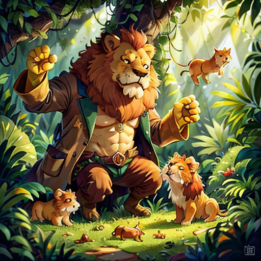 a lion with a hat and a backpack in the jungle with other animals around him and a man holding a gun