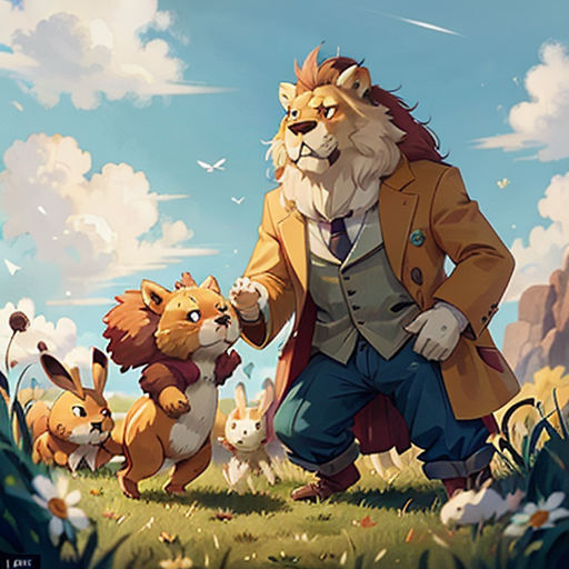 a man in a coat and some animals in a field of grass and flowers with clouds in the background
