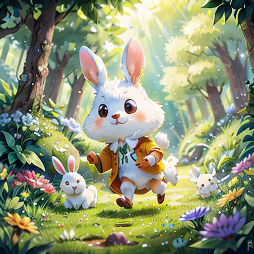 a rabbit is running through a forest with two rabbits in it's lap and a man in a suit is standing behind him