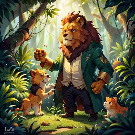 a lion and two kittens in a jungle with sunlight shining through the trees and leaves on the ground