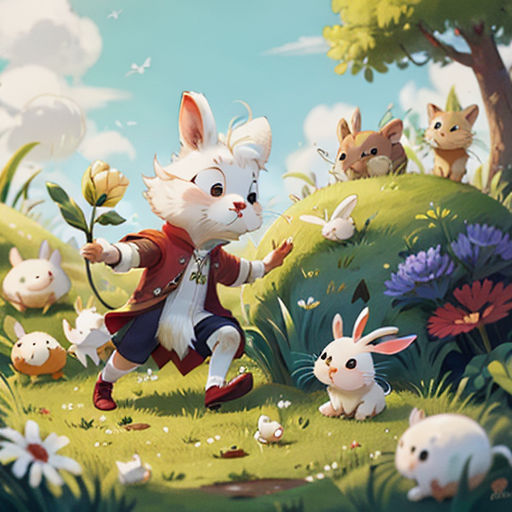 a painting of a rabbit and rabbits in a field with flowers and trees, with a sky background and clouds