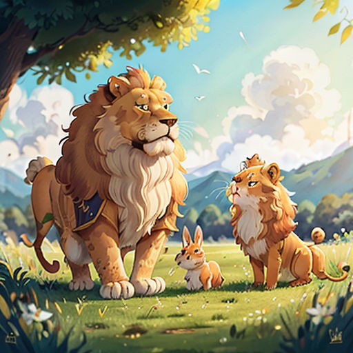 a lion and two baby animals in a field of grass and trees with a sky background and clouds in the background