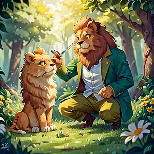 a man kneeling down next to a lion in the forest with a cigarette in his mouth and a cat sitting next to him