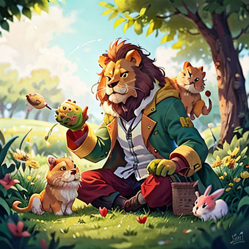 a man with a cat and a mouse in a forest with other animals and a bird on his arm