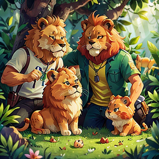 a man and two lions in the jungle with a dog and a cat on the ground next to a tree