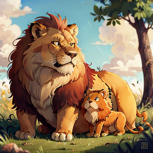 a lion and a baby lion in a field of grass with trees in the background and a sky with clouds