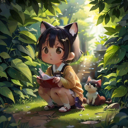 a girl sitting on the ground reading a book next to a cat and a kitten laying on the ground