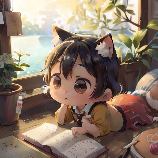 a little girl sitting at a table with a book and a cat ears on her head and a cat tail on her head