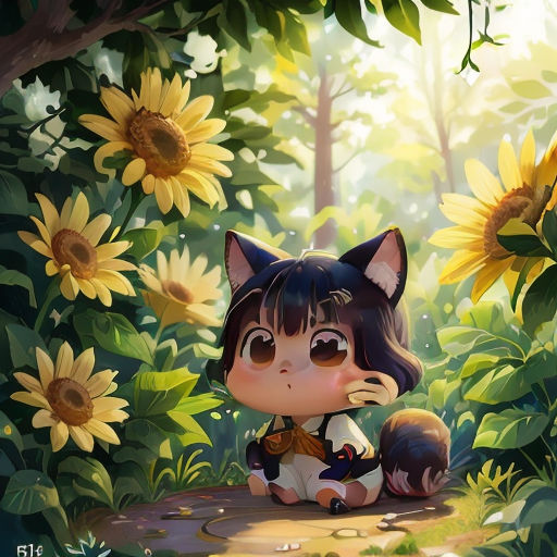 a little girl sitting on a path in the middle of a forest with sunflowers and a cat