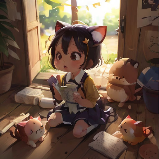 a girl sitting on the floor reading a book next to stuffed animals and a cat on the floor in front of a window