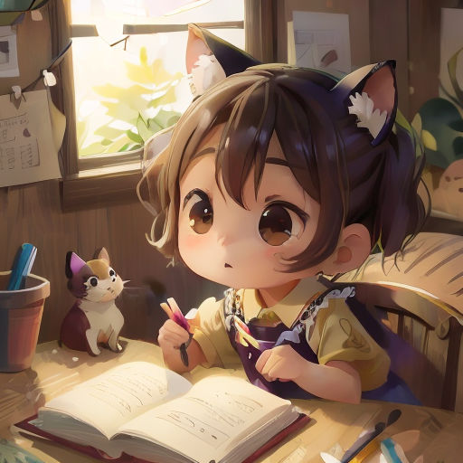 a little girl sitting at a desk with a book and a cat on the table next to her and a cat on the desk
