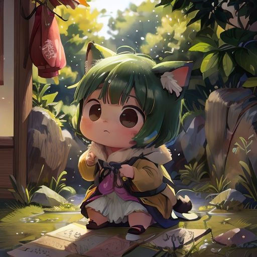 a girl sitting on a rock in a forest with a cat ears on her head and a cat tail on her head