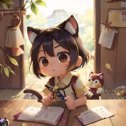 a girl sitting at a table with a book and a cat toy in front of her, reading a book