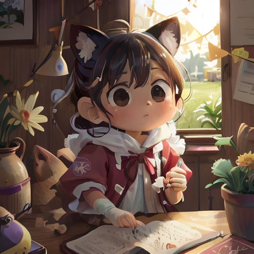 a girl is sitting at a table with a book and a cat ears hat on her head and a cat ears hat on her head