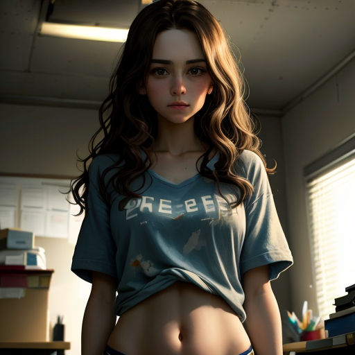 a woman with a shirt on and a skirt on is standing in a room with a desk and a window