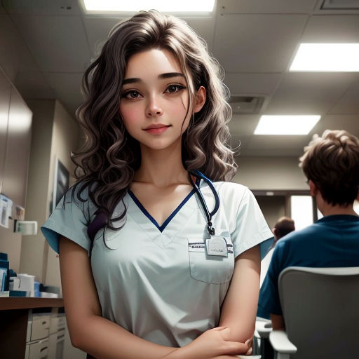 a woman in a white shirt standing in a room with a man in the background and a doctor's chair