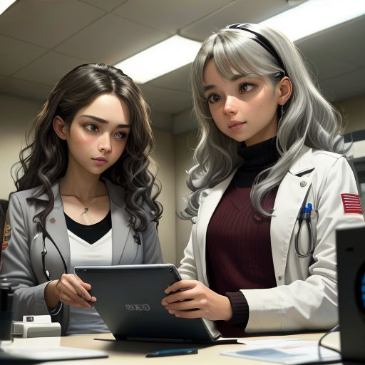 two women in a doctor's office looking at a tablet computer screen and a laptop computer screen with a stethoscope on it