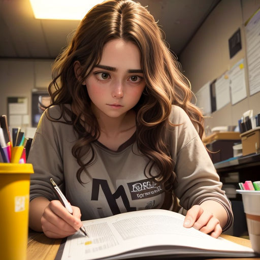 a girl is sitting at a desk writing on a book and holding a pen and pencils in her hand