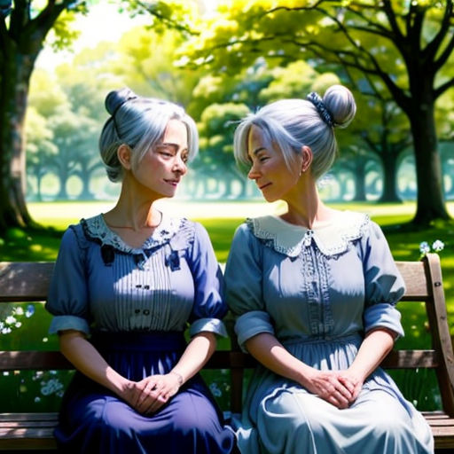 two women sitting on a bench in a park together, one of them is wearing a blue dress and the other is wearing a blue dress