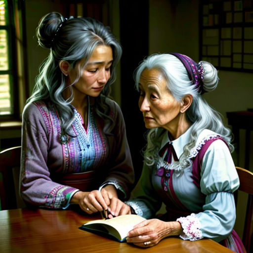 two women sitting at a table with a book in their hands and one of them is reading a book