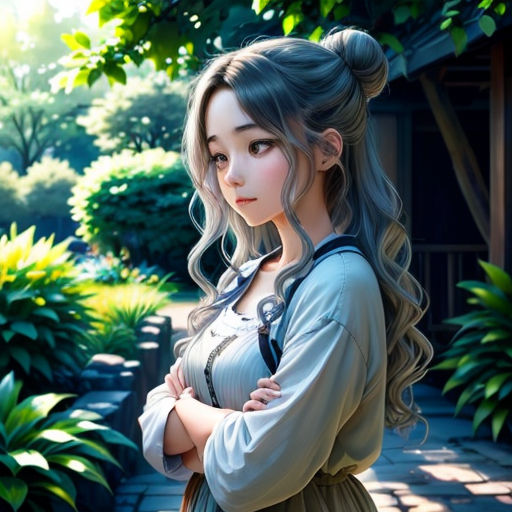a woman with long hair standing in a garden with her arms crossed and looking at the camera, with a green background