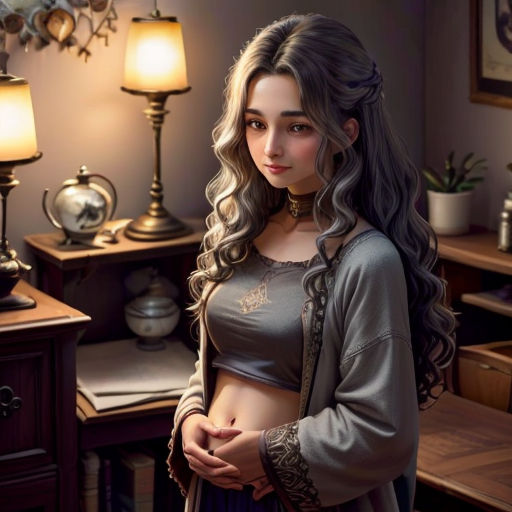 a woman with long hair standing in a room next to a desk and lamp and a lamp shade on the wall