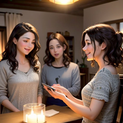 three women standing around a table with a candle in front of them and a tablet in the middle of the table