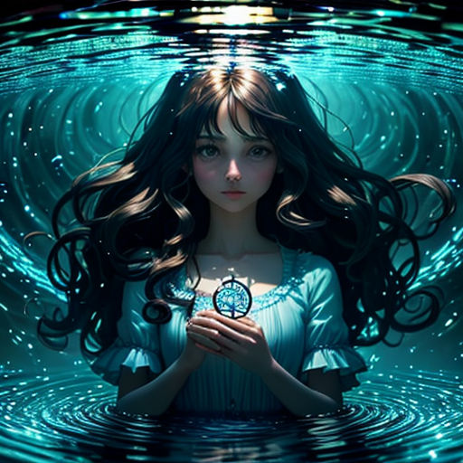 a woman with long hair standing in water with a clock in her hand and a light shining on her face