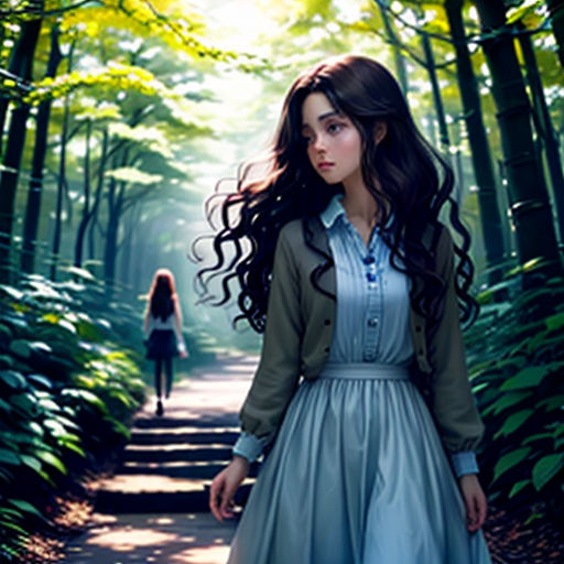 a woman in a dress walking down a path in the woods with a man in the background and a woman in the background